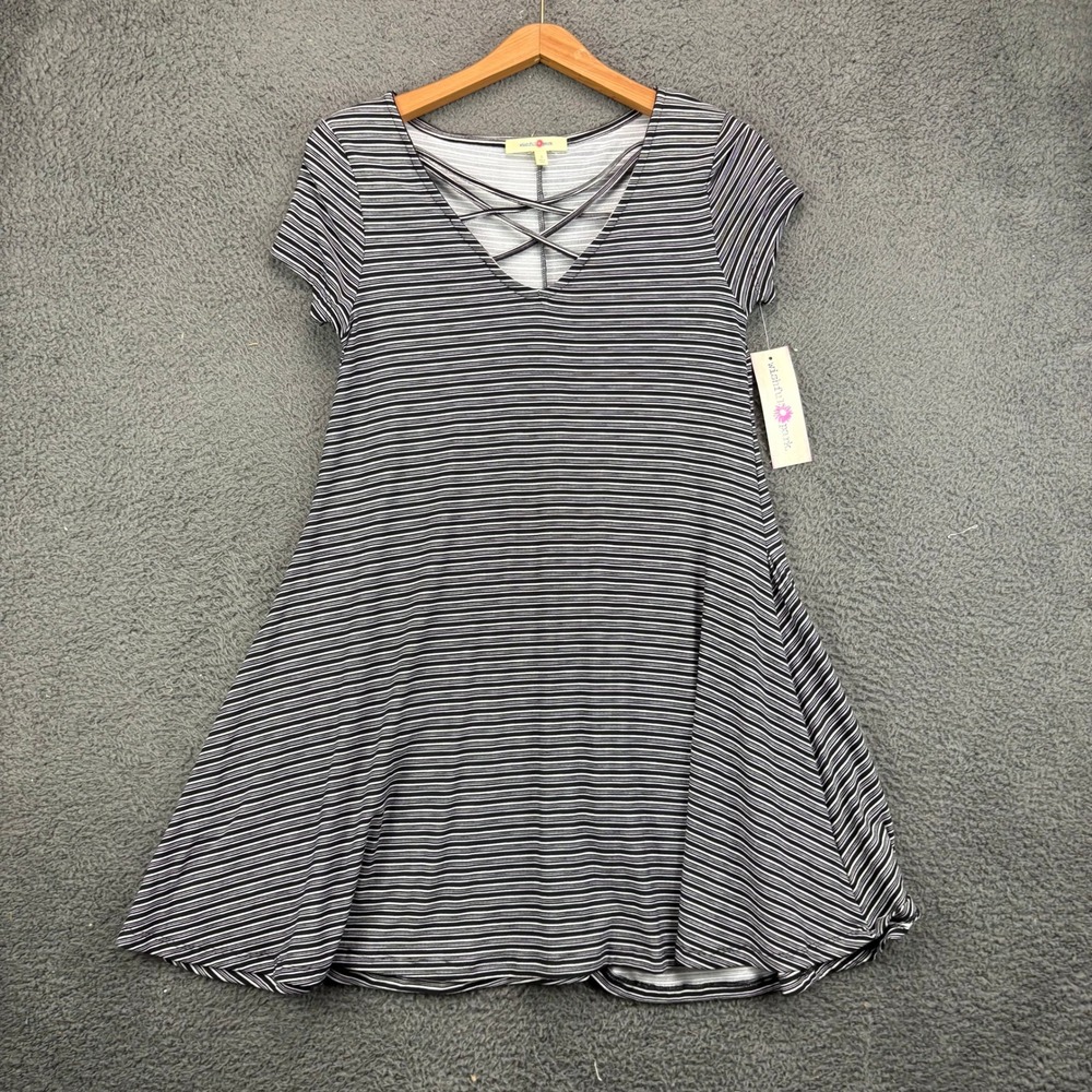 Wishful Park Womens Black White Striped Criss Cross V-Neck Swing Dress 40743SG S